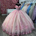 Robe de bal de quinceañera rose avec appliqués de dentelle et fleurs 3D, épaules dénudées, robe de 16 ans