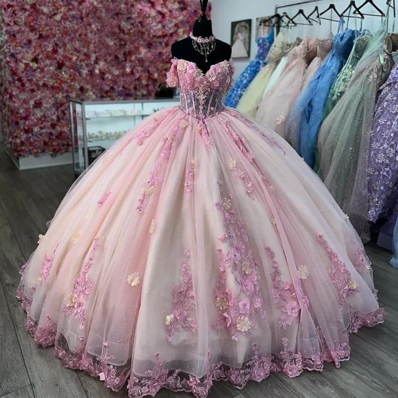 Robe de bal de quinceañera rose avec appliqués de dentelle et fleurs 3D, épaules dénudées, robe de 16 ans