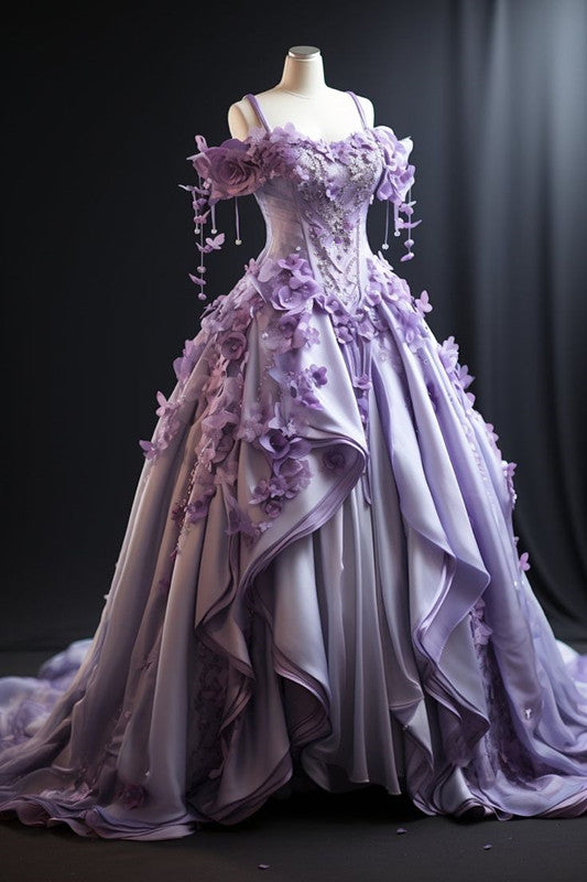 Robe de bal lilas en satin à bretelles et motifs floraux, robe de soirée pour 16 ans