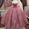 Robe de bal de quinceañera rose à sequins, épaules dénudées, corset en dentelle, perles et cristaux, robe de 16 ans