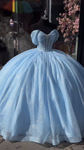 Robe de quinceañera bleu layette à sequins, épaules dénudées, robe de bal pour 16 ans