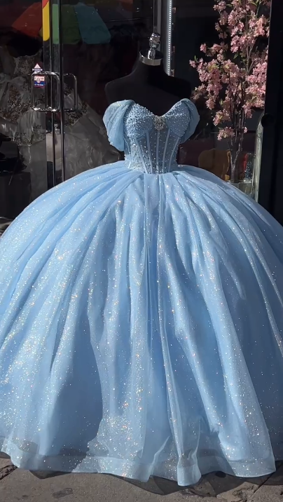 Robe de quinceañera bleu layette à sequins, épaules dénudées, robe de bal pour 16 ans