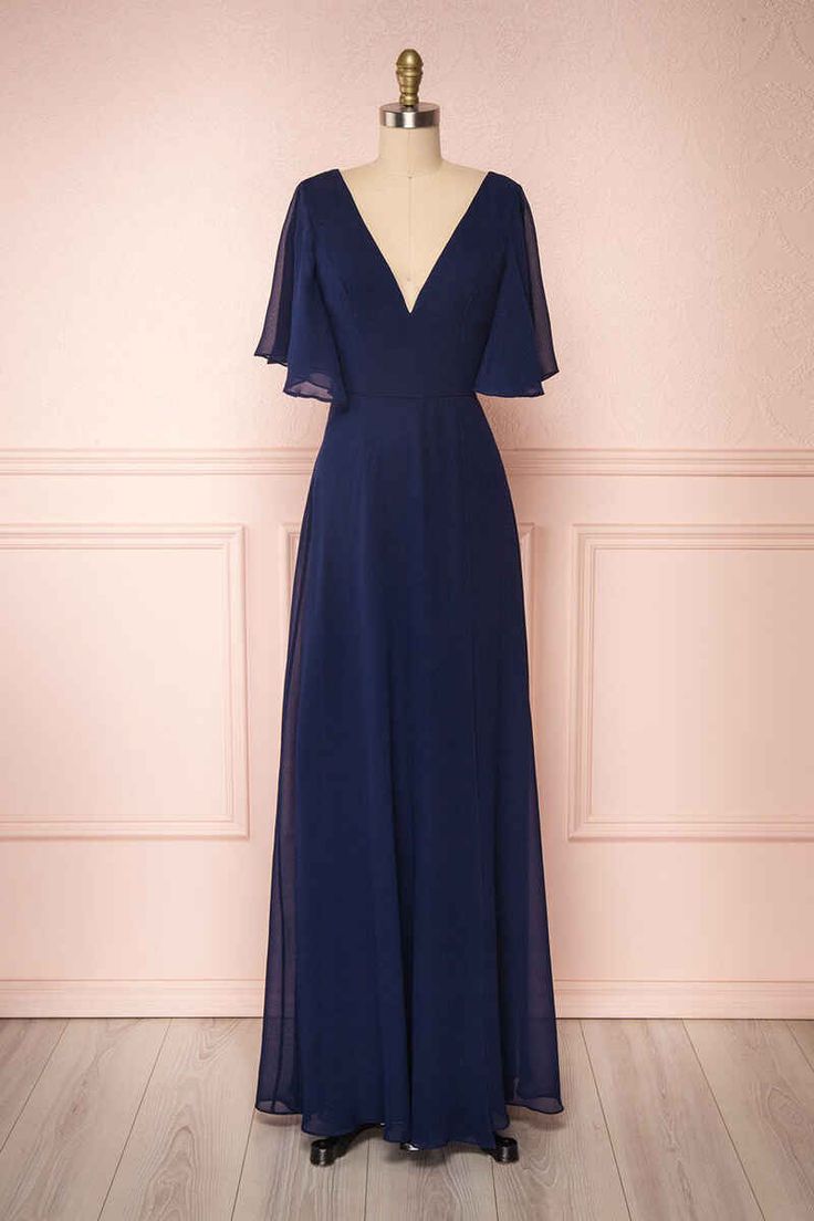 Longue robe bleu marine en mousseline à col V et manches volantées, robe de demoiselle d'honneur