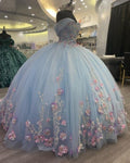 Robe de quinceañera bleu clair, volumineuse, épaules dénudées, corset fleuri, robe de bal pour 16 ans