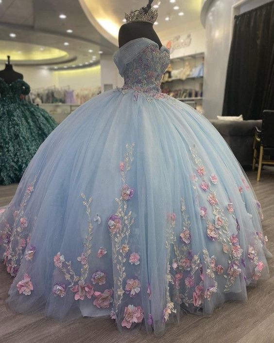 Robe de quinceañera bleu clair, volumineuse, épaules dénudées, corset fleuri, robe de bal pour 16 ans