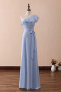 Longue robe de demoiselle d'honneur coupe A à une épaule avec volants