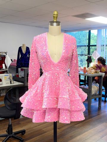 Robe de bal courte rose à sequins, robe de bal de rentrée