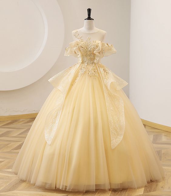 ROBE DE BAL JAUNE PERLÉE POUR 16 ANS, LONGUE ROBE DE BAL JAUNE, ROBE DE CÉRÉMONIE