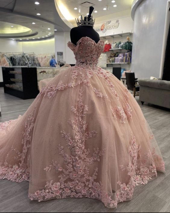 Longue robe de bal rose en dentelle, robe de bal pour 16 ans