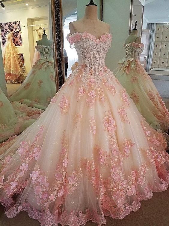 Robe de 16 ans rose en dentelle florale, robe de bal épaules dénudées ornée de perles