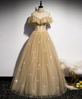 Longue robe de bal dorée en tulle à sequins, robe dorée en tulle de demoiselle d'honneur