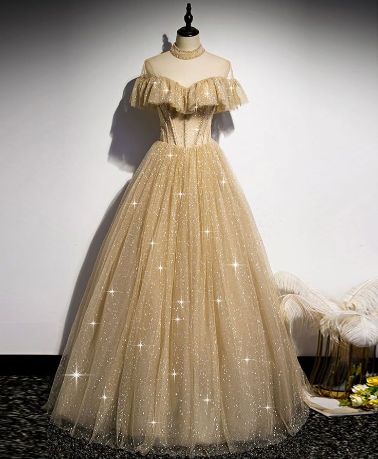 Longue robe de bal dorée en tulle à sequins, robe dorée en tulle de demoiselle d'honneur