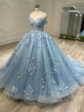Longue robe de bal bleue en tulle et dentelle, robe de bal bleue pour 16 ans