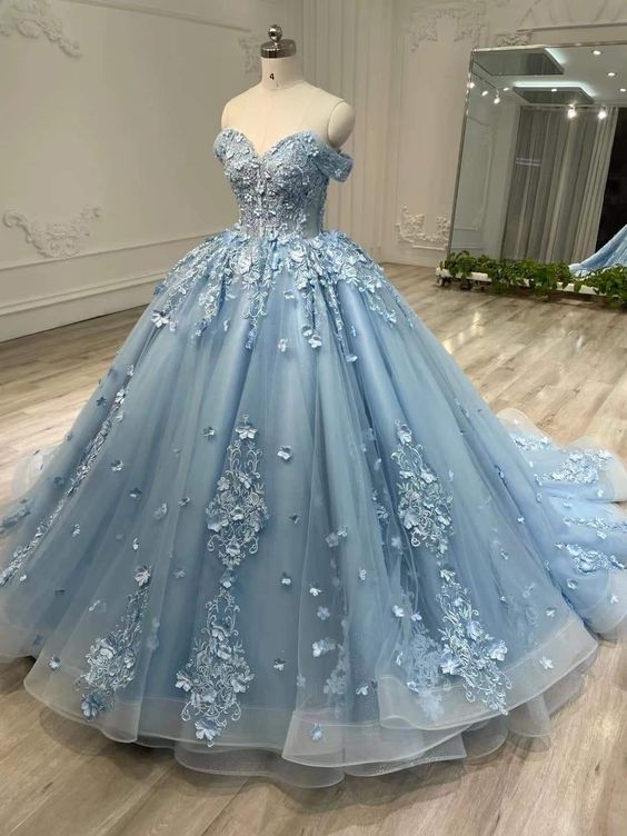 Longue robe de bal bleue en tulle et dentelle, robe de bal bleue pour 16 ans