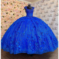 Robe de quinceañera bleu roi avec appliqués floraux 3D, épaules dénudées et corset lacé au dos, robe de bal pour 16 ans
