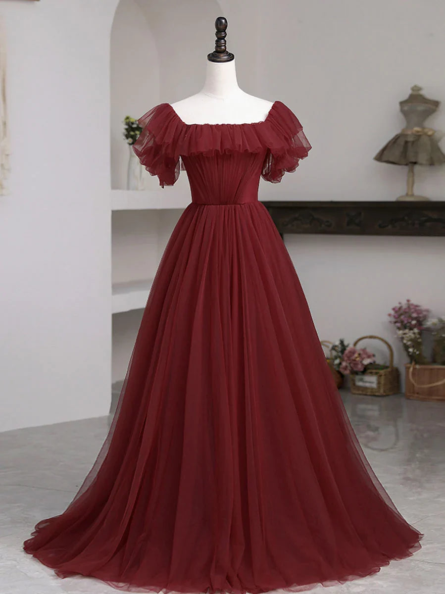 Longue robe de bal bordeaux simple coupe A, robe bordeaux de demoiselle d'honneur